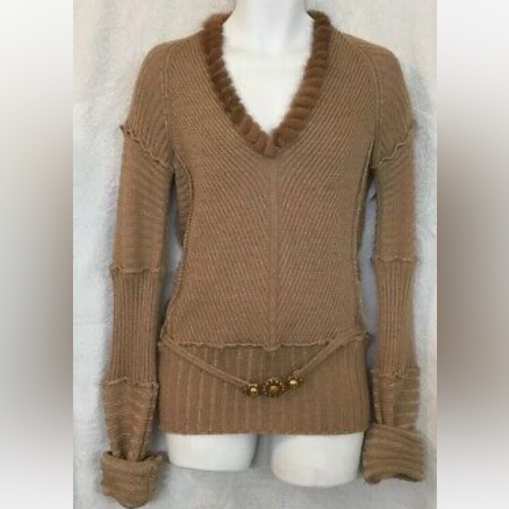 Roberto Cavalli long belted sweater fur collar
